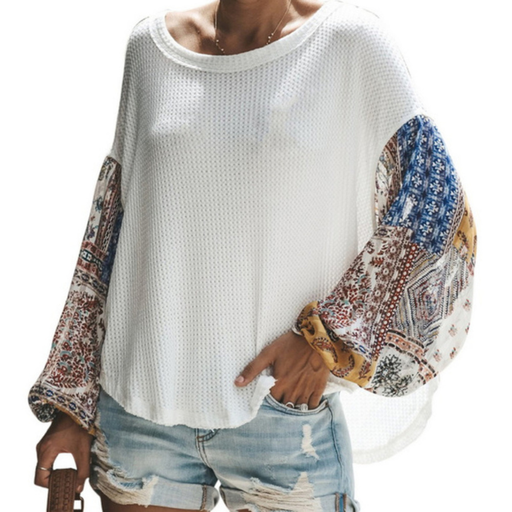 Chic White Blouse with Colorful Patchwork Sleeves - image 1